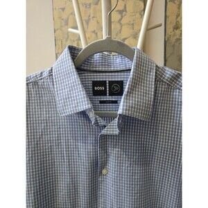 BOSS Hugo Boss Dress Shirt Mens 17 43 XL Blue Mini Check Performance Slim Fit